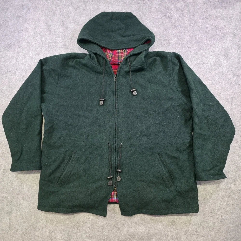 Johnson Woolen Mills Jacket Mens XL? 2XL? Green Hooded Wool Plaid Lined Made USA